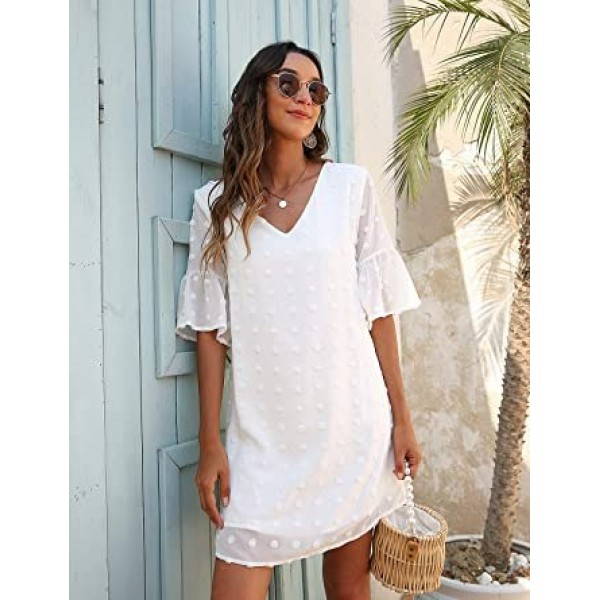 Womens White Dresses Short Sleeve V Neck