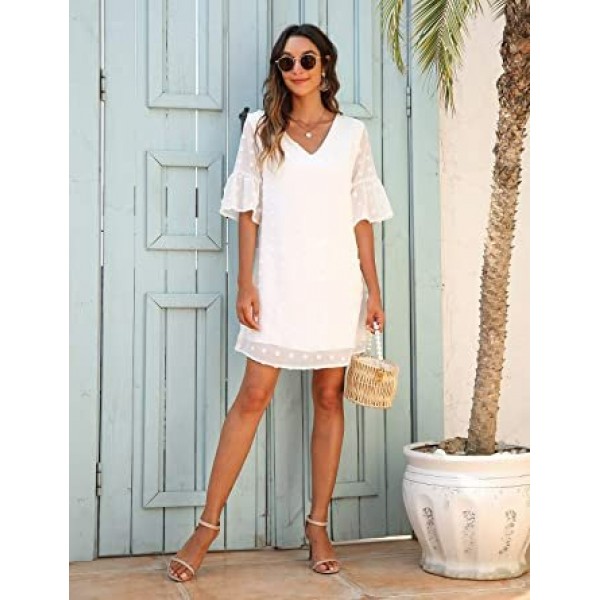 Womens White Dresses Short Sleeve V Neck